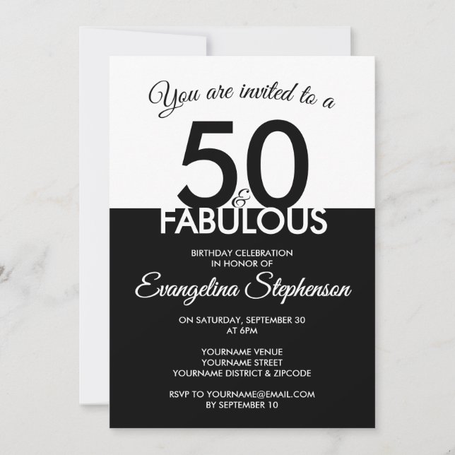 Fifty Fabulous Modern Black White 50th Birthday  Einladung (Vorderseite)