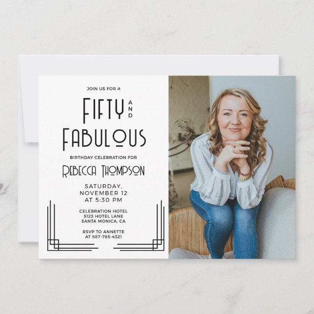 Fifty Fabulous Photo Art Deco Black 50th Birthday Einladung (Vorderseite)