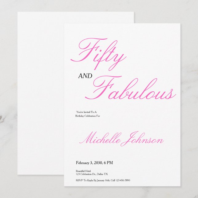 Fifty & Fabulous Pink 50th Birthday Party Einladung (Vorne/Hinten)