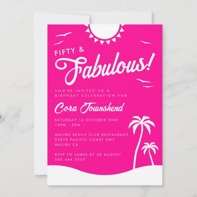 Fifty & Fabulous Pink Beach 50th Birthday Party Einladung (Vorderseite)