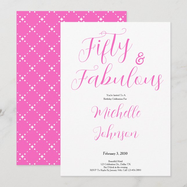 Fifty & Fabulous Pink Black 50th Birthday Party Einladung (Vorne/Hinten)