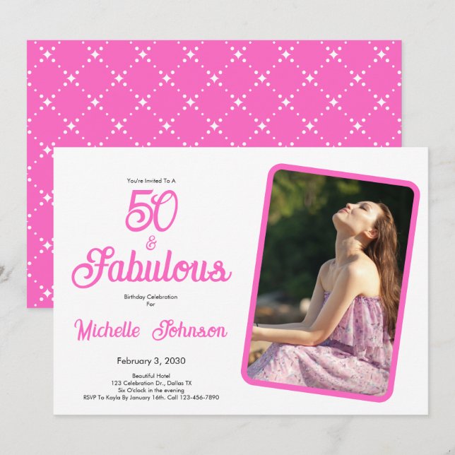 Fifty & Fabulous Pink Black 50th Birthday Party Einladung (Vorne/Hinten)