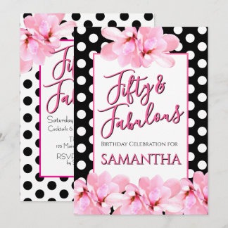 Fifty & Fabulous Pink Floral Black Birthday Einladung