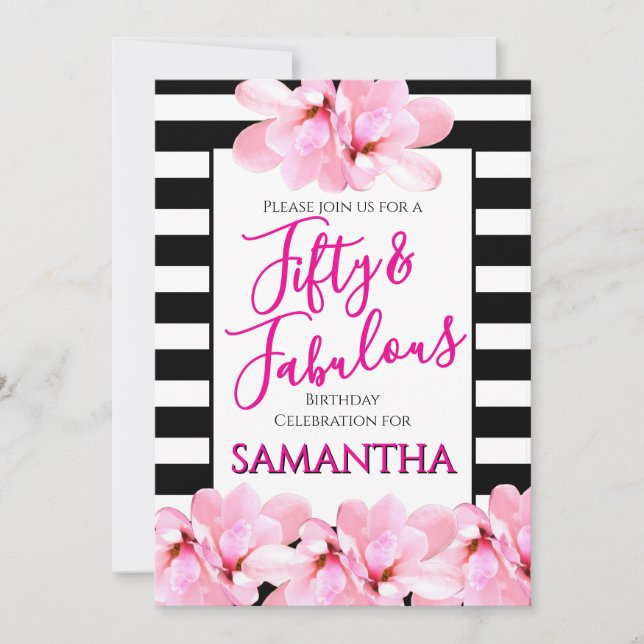 Fifty & Fabulous Pink Floral Black Stripe Birthday Einladung (Vorderseite)