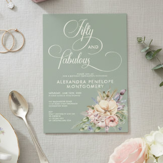Fifty & Fabulous Sage Green Floral  Birthday Einladung