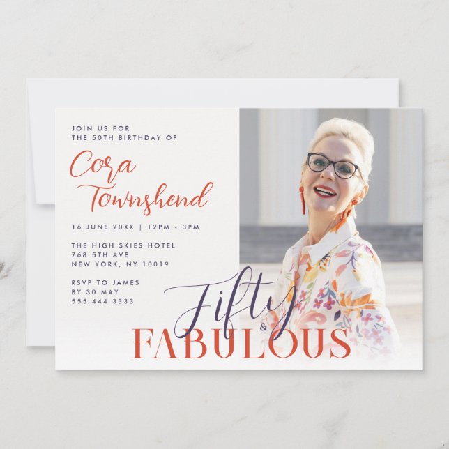 Fifty & Fabulous Script Photo 50th Birthday Einladung (Vorderseite)