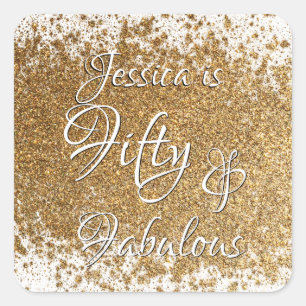 Fifty & Fabulous Splattered Imitats Gold Fow/ Name Quadratischer Aufkleber