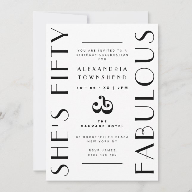 Fifty & Fabulous White Art Deco 50th Birthday Einladung (Vorderseite)