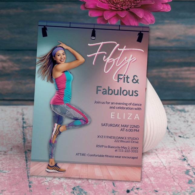 Fifty Fit Fabulous Dance Invitation Einladung (Modern Fifty Fit and Fabulous dance-inspired invitation in soft teal and blush tones)