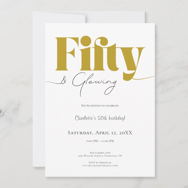 Fifty & Glowing • Gold 50th Birthday Invitation Einladung (Vorderseite)