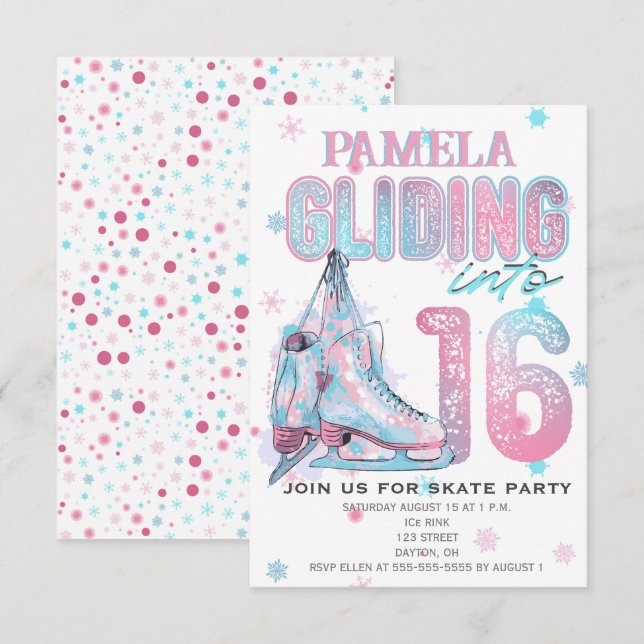 Figure Patinage 16e invitation de fête d'anniversa (Devant / Derrière)