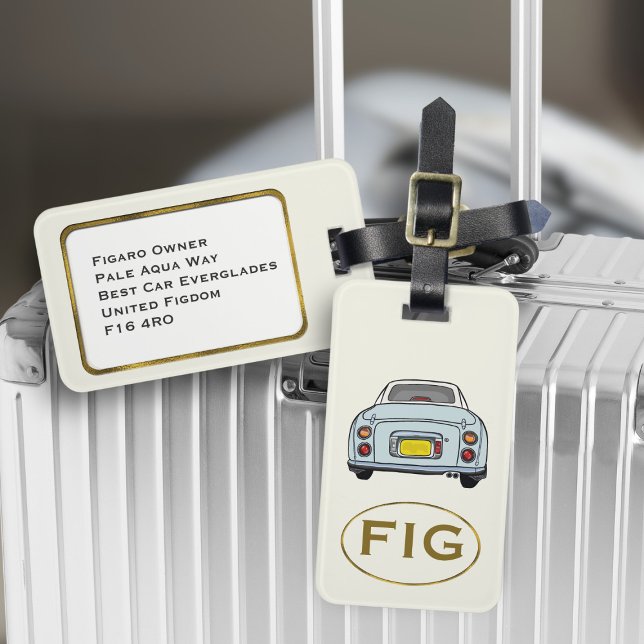 Figures Monogram Pale Aqua Figaro Gepäckmarke Gepäckanhänger (Fun blue figgy luggage tag for your road trip adventures. Just add your initials & address details)