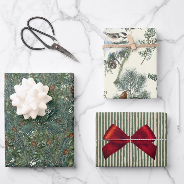 Filiale Filiale von Evergreen Pinecone Bird Streif Geschenkpapier Set (Vorderseite)