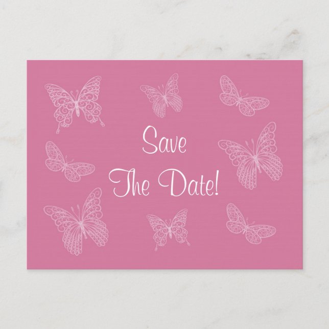 Filigree Butterfly Save the Date Postkarte in Rosa (Vorderseite)