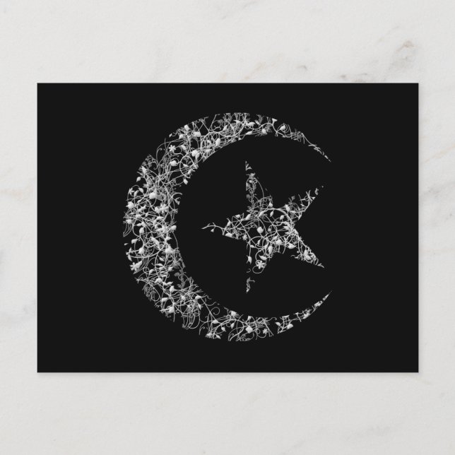Filigree Crescent Moon und Stern auf Schwarz Postkarte (Vorderseite)