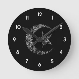 Filigree Crescent Moon und Stern auf Schwarz Runde Wanduhr