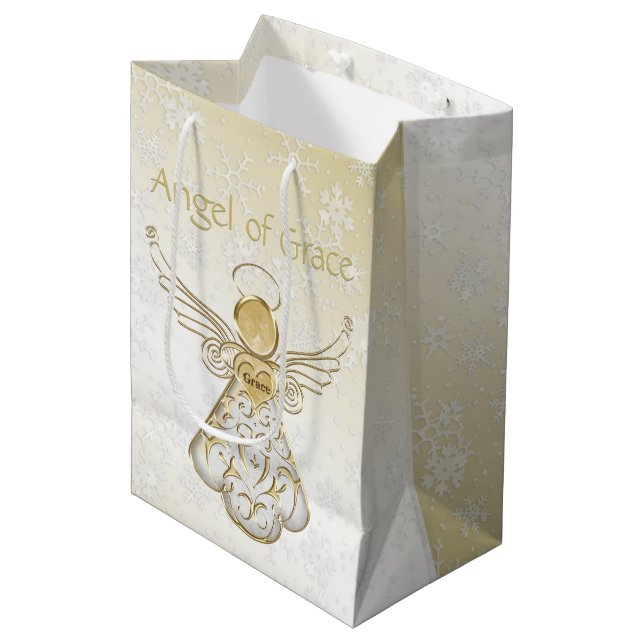 Filigree Engel aus Grace Gold Ombre Schneeflocken Mittlere Geschenktüte (Vorderseite Schrägansicht)