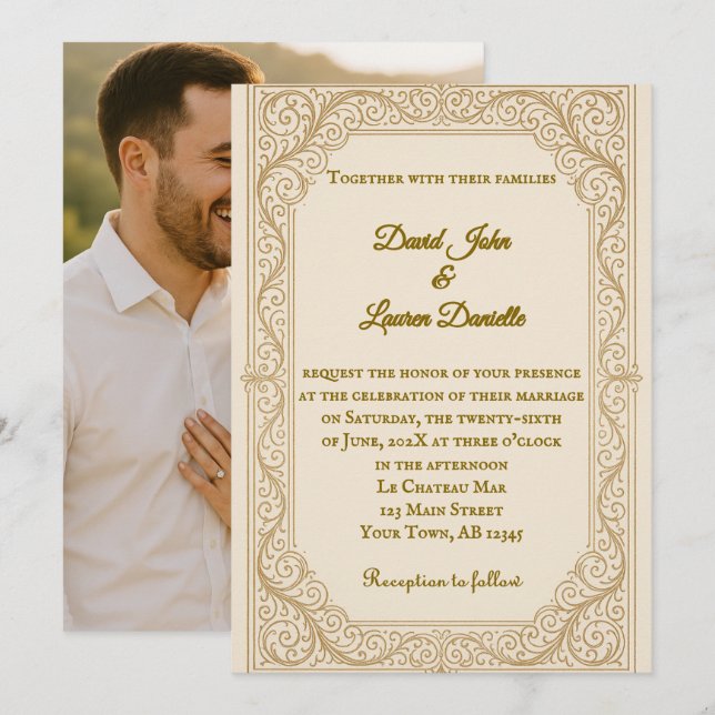 Filigree Fleur Foto Hochzeit Einladung (Vorne/Hinten)