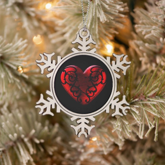 Filigree Goth Red Heart Schneeflocken Zinn-Ornament (Baum)