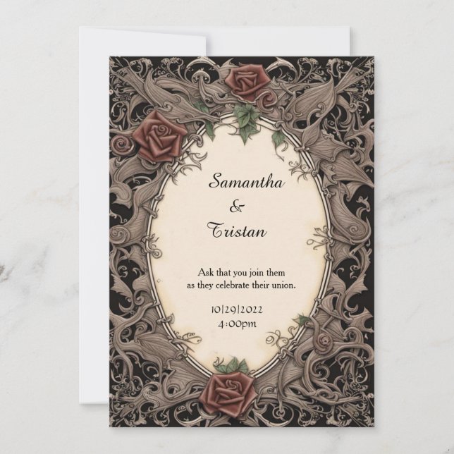 Filigree Leaf Rahmen und Rose Goth Wedding Einladung (Vorderseite)