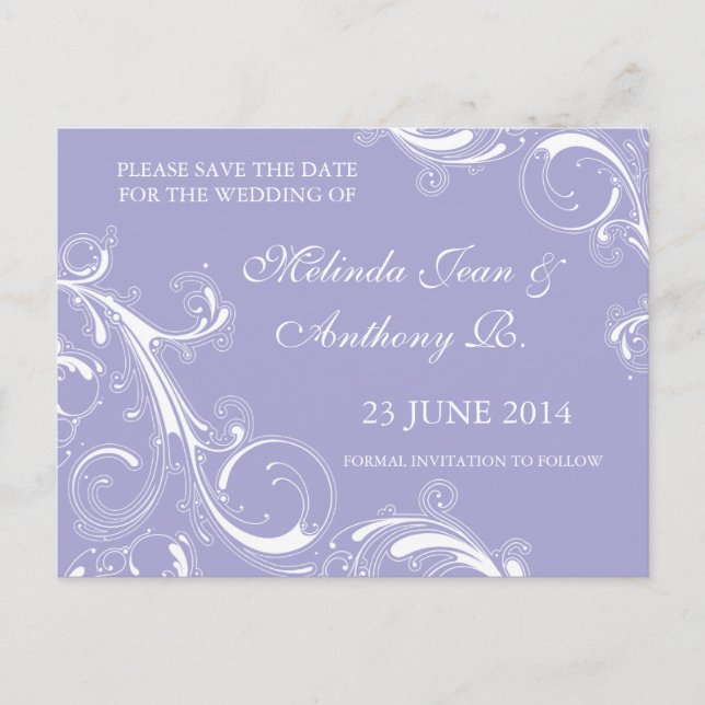 Filigree Swirl Lavender Save the Date Ankündigungspostkarte (Vorderseite)