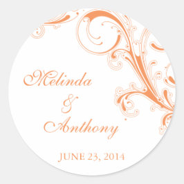 Filigree Swirl Orange Bride Groom Runder Aufkleber