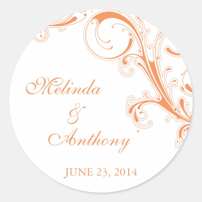 Filigree Swirl Orange Bride Groom Runder Aufkleber (Vorderseite)