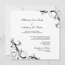 Filigree Swirl White w/Black Square Wedding Einladung