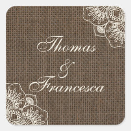 Filipiniana Lace auf Burlap Rustic Wedcker Quadratischer Aufkleber