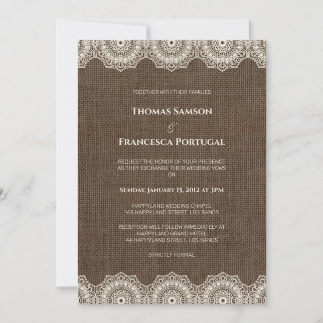 Filipiniana Lace auf Burlap Wedding Einladung (Vorderseite)