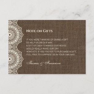 Filipiniana Lace auf Burlap Wedding Gift Guide Car Begleitkarte