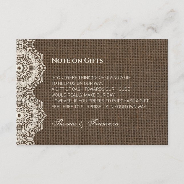 Filipiniana Lace auf Burlap Wedding Gift Guide Car Begleitkarte (Vorderseite)