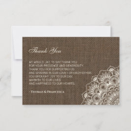 Filipiniana Lace on Burlap Wedding Dankeschön Kart Dankeskarte