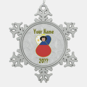 Filipino Engel schwarze Haare in Flagge gekleidet Schneeflocken Zinn-Ornament