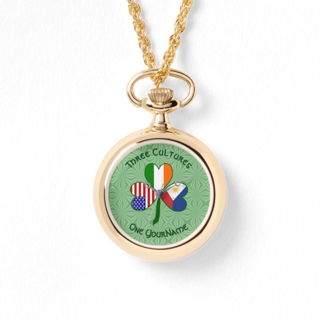Filipino Irish American Flags Kleeblatt Ihr Name Armbanduhr (Vorderseite)