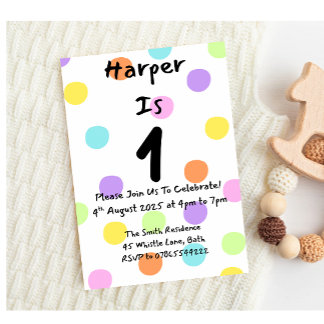 Fille 1er Anniversaire Invitation Pastel Polka Dot