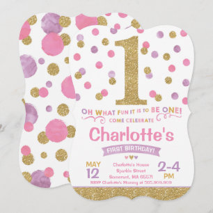 Fille 1er Anniversaire Invitation Pink & Gold Conf