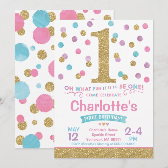 Fille 1er Anniversaire Invitation Pink & Gold Conf (Devant / Derrière)