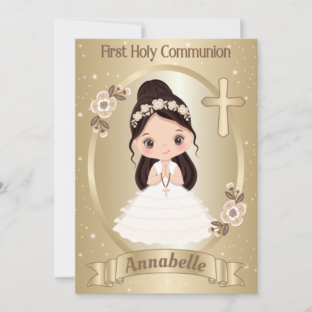 Fille à Haired foncé Première Communion Invitation (Devant)