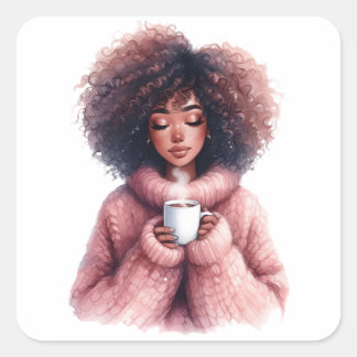 Fille Afro Cosy – Autocollant Hiver Aquarelle