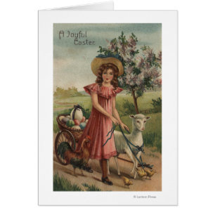 Fille Agneau de marche, poussin et coq