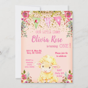 Fille agneau rose 1er invitation de premier annive