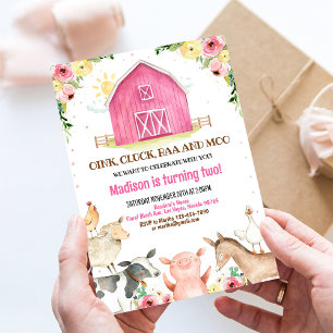 Fille Animaux de la Ferme Rose Invitation Annivers