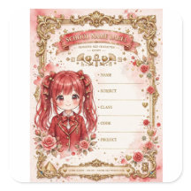 Fille Anime Cheveux Rouges Étiquette Scolaire