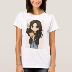 Fille Anime Mignonne avec T-Shirt Signe de Paix Ou