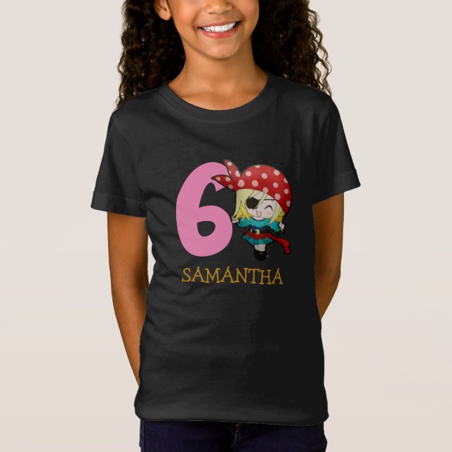 FILLE Anniversaire Fête Pirate 6ème Nom T-shirt (Devant)