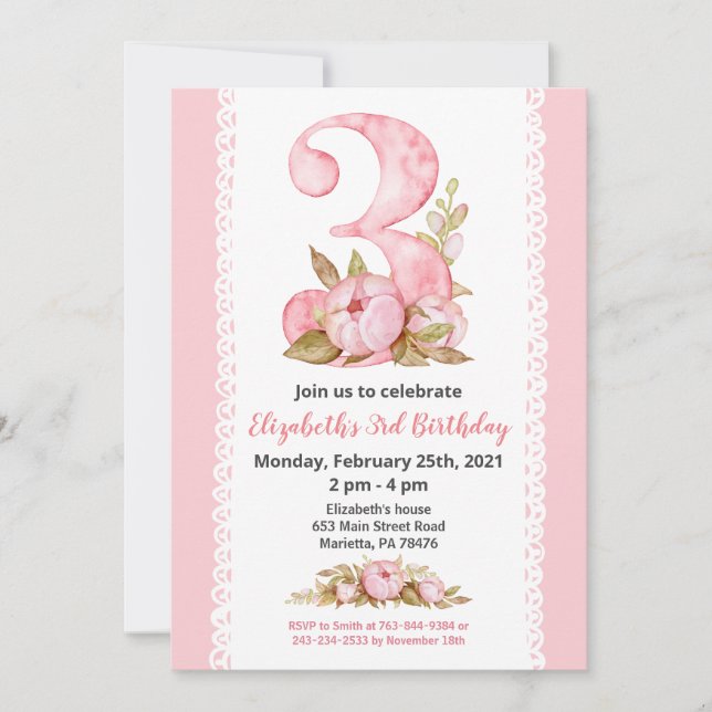 Fille Aquarelle Floral 3e Invitation anniversaire (Devant)