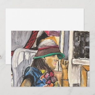 Fille au chapeau vif carte de vacances plate