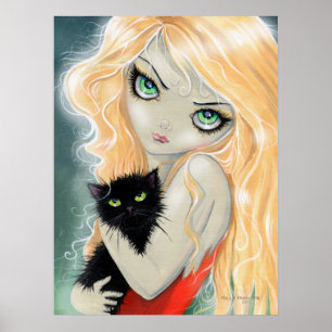 Fille avec affiche de chat noir impression