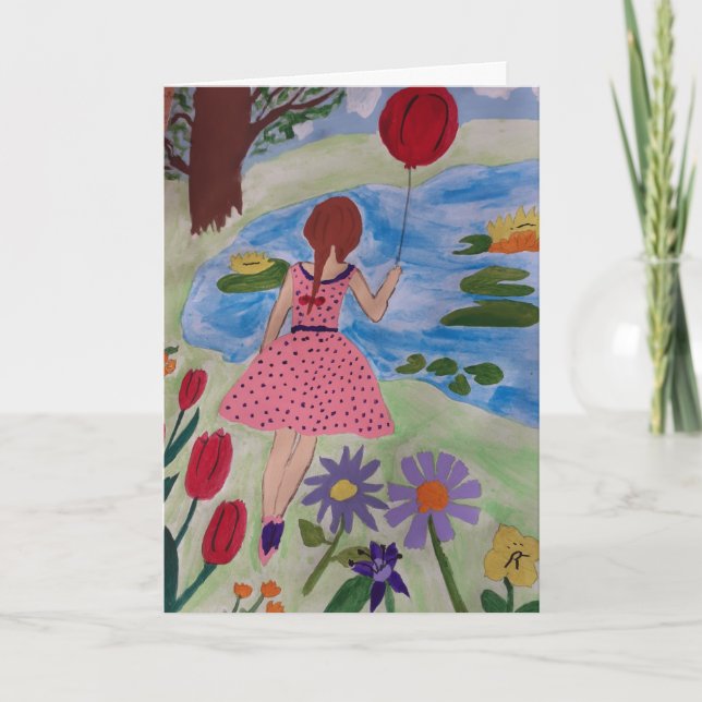 Fille Avec Balloon Rouge Carte Anniversaire (Devant)